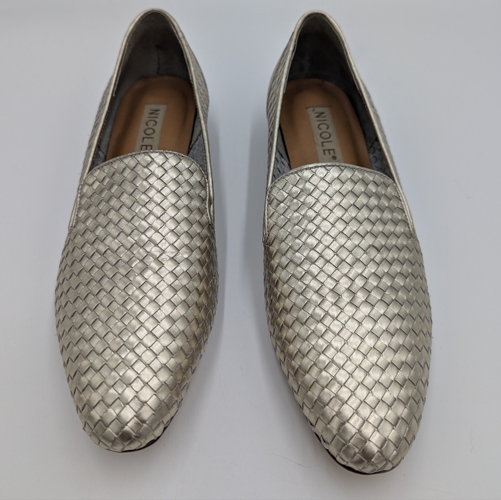 Nicole Woven Leather Loafer Flats Almond Toe Gilded Dressy 10M Silver Modern